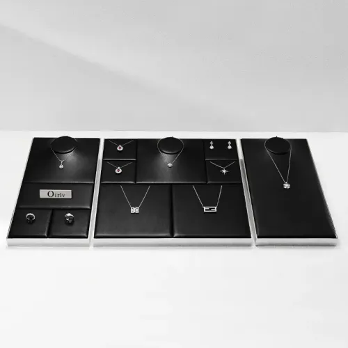 FANXI hot sale black PU leather jewelry display with mirror metal frame