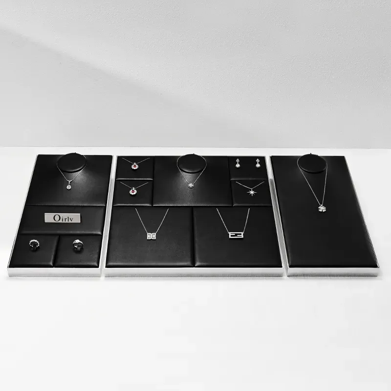 FANXI hot sale black PU leather jewelry display with mirror metal frame