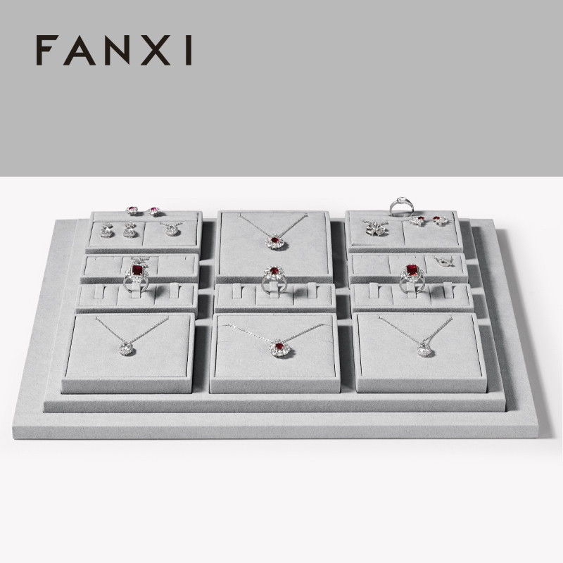FANXI luxury wood jewelry display set with gray microfiber