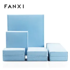 FANXI Custom Logo Jewelry Box With Beige Velvet Insert For Ring Double Ring Necklace Bracelet Packing Sky Blue Leather Jewellery Box