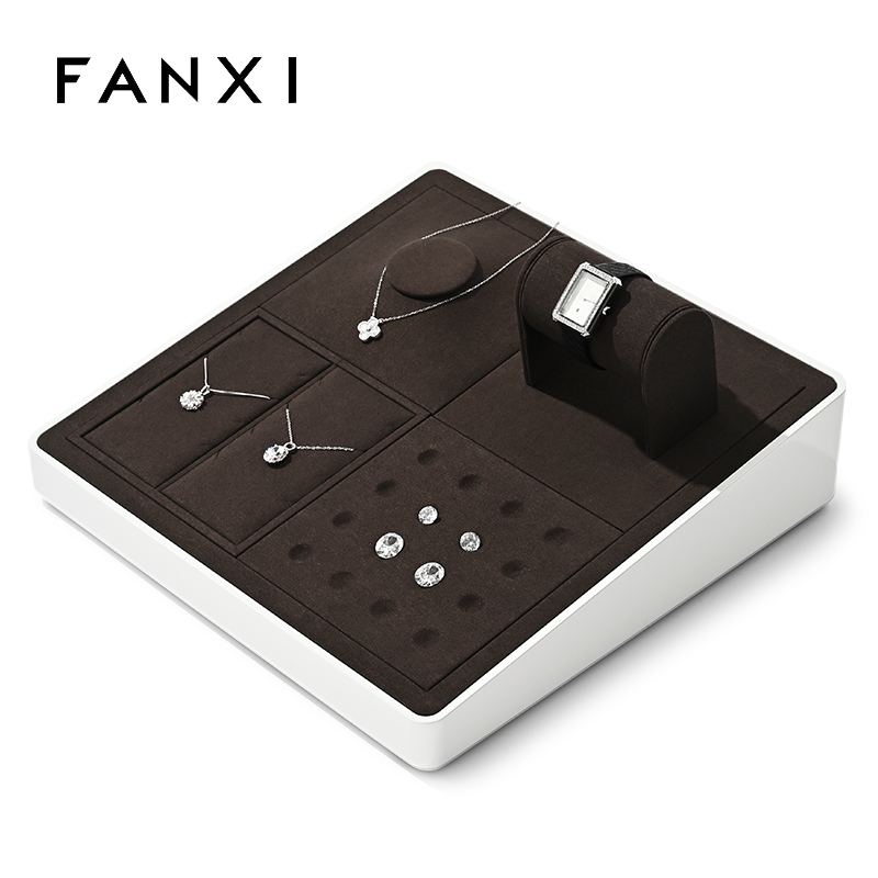FANXI custom wooden jewellery display with brown microfiber