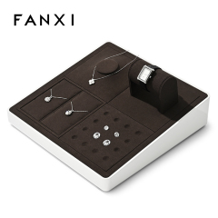 FANXI custom wooden jewellery display with brown microfiber