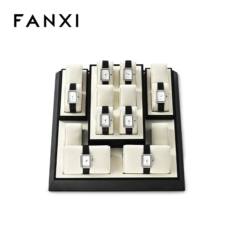 FANXI custom off white microfiber watch display with black PU leather frame