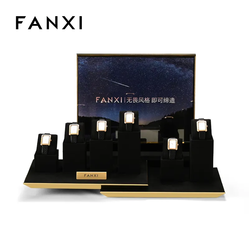 FANXI luxury fashion black microfiber watch display stand with metal structure