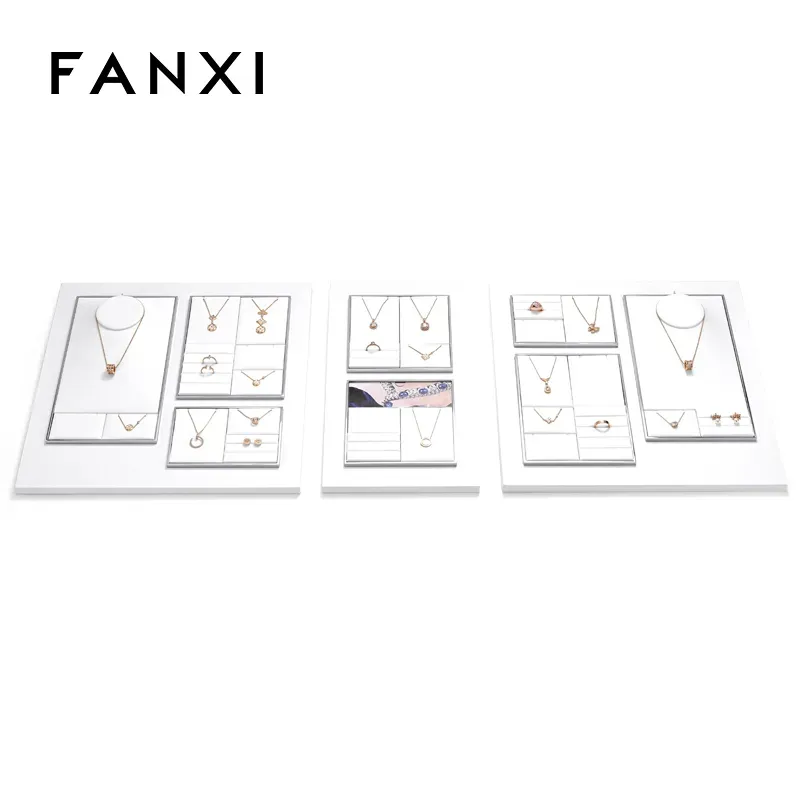 FANXI factory white PU leather jewelry exhibitors with metal structure