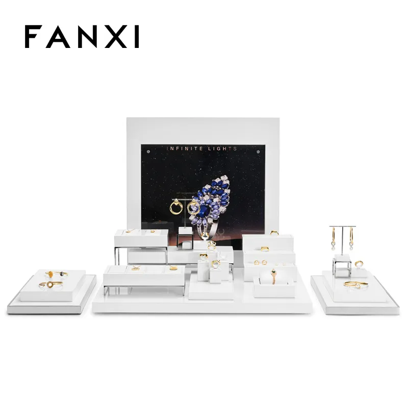 FANXI factory white PU leather jewelry display with metal frame