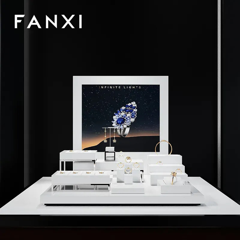 FANXI factory white PU leather jewelry display with metal frame