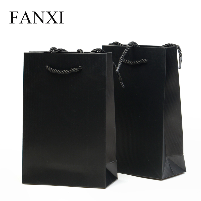 FANXI Custom Logo Blue And Black Shopping Packaging Bags With Cord For Watch Cosmetic Cloth Jewelry Storage Coated Paper Gift Bag