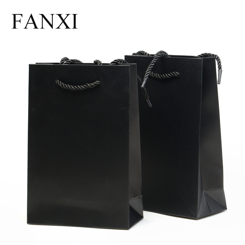 FANXI Custom Logo Blue And Black Shopping Packaging Bags With Cord For Watch Cosmetic Cloth Jewelry Storage Coated Paper Gift Bag