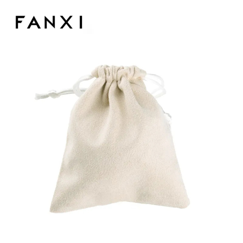 FANXI Wholesale Pouch Bag with Drawstring For Gift Jewellery Packing Custom Logo Luxury Beige Double-Face Suede Jewelry Pouch