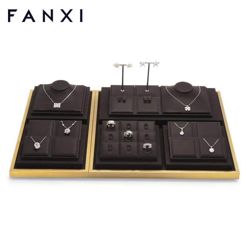 Metal frame jewelry display set with black leather