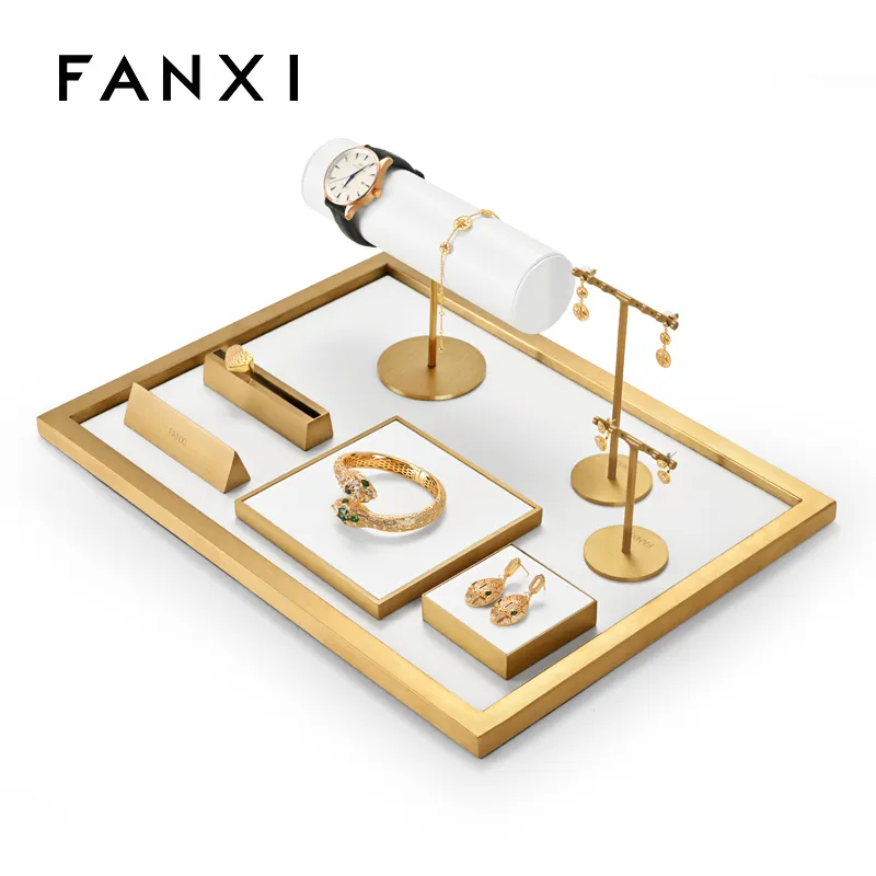 Luxury metal frame jewelry display set with white PU leather