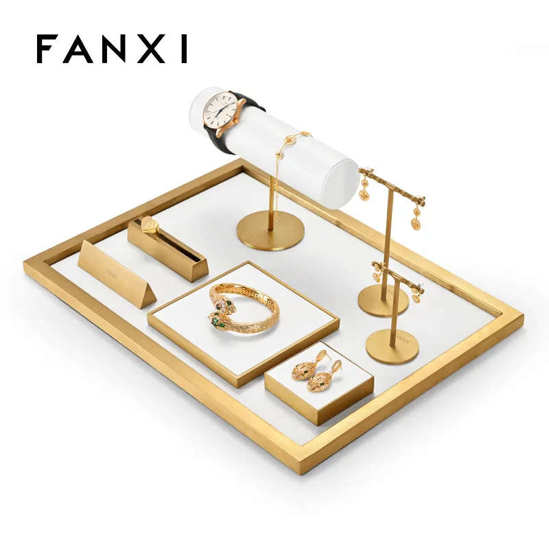 Luxury metal frame jewelry display set with white PU leather
