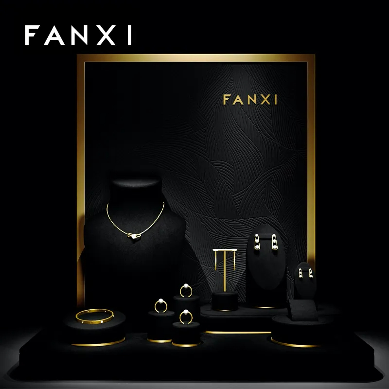 Custom counter black microfiber jewellery display set exhibitor