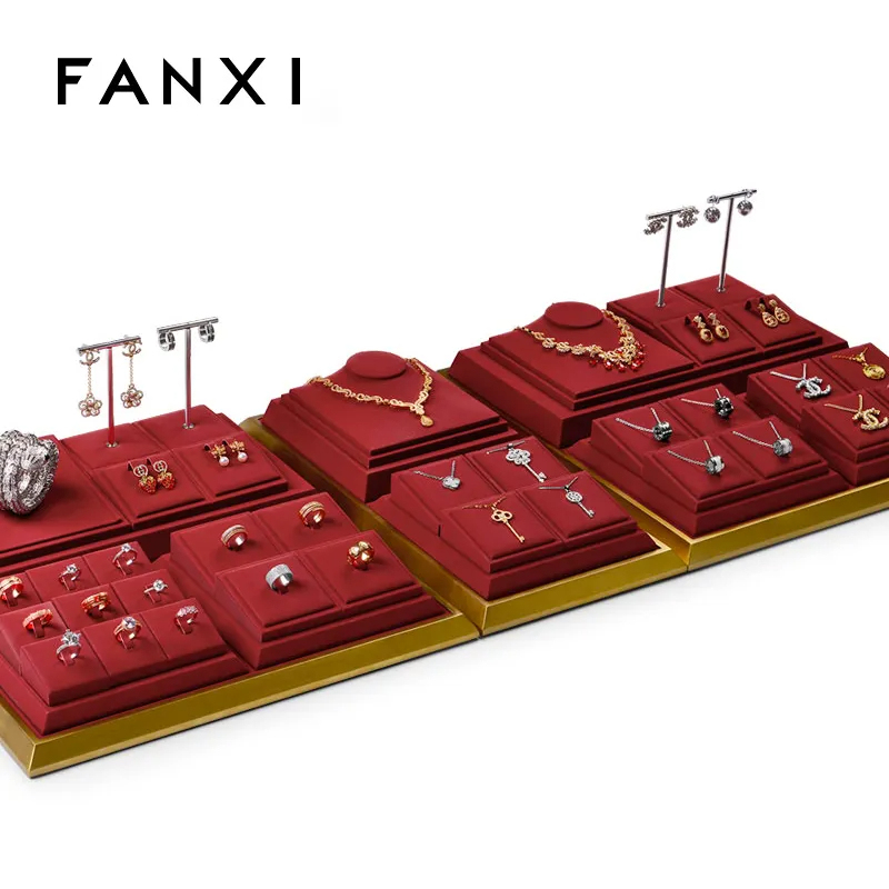 metal jewellery display tray with red leather