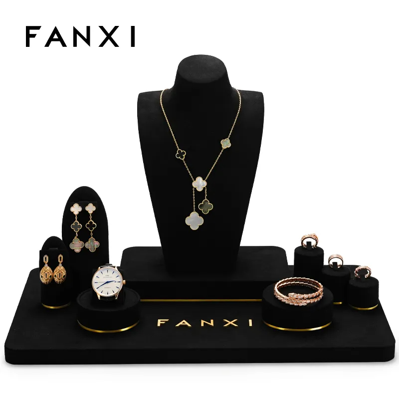 Custom counter black microfiber jewellery display set exhibitor
