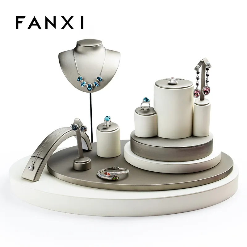 FANXI Wholesale Custom Jewellery Exhibitor Organizer Set For Ring Necklace Bracelet Shop Showcase Luxury PU Leather Jewelry Display