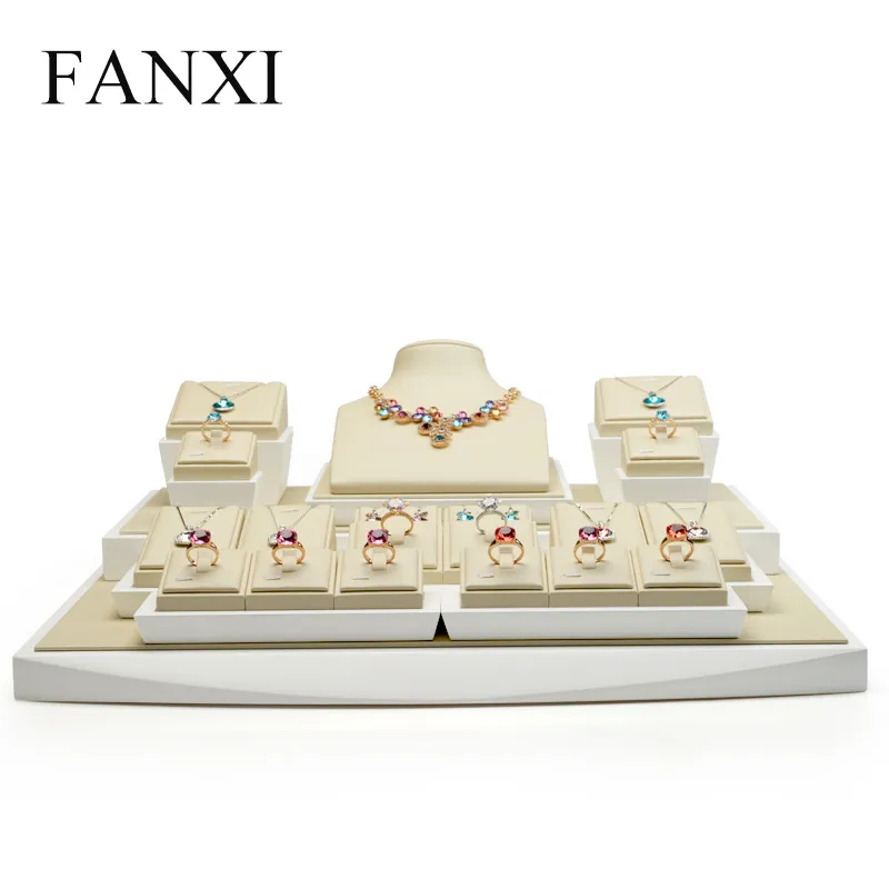 FANXI Custom Resin Jewellery Exhibitor Organizer With White Lacquer Base And For Ring Necklace Earrings Pendant Showcase PU Leather Jewelry Display