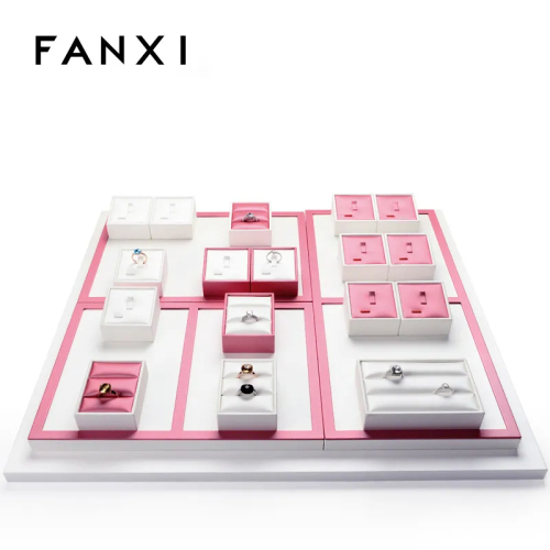 FANXI Elegant Rose Red Color PU Leather Jewelry Display Set For Rings Counter Exhibition
