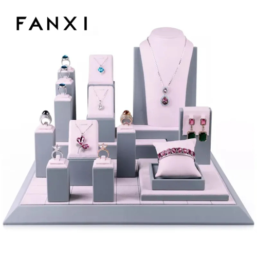 FANXI Custom Luxury Jewellery Organizer For Ring Earrings Necklace Bracelet Shop Counter Pink And Gray Suede Jewelry Display Kit
