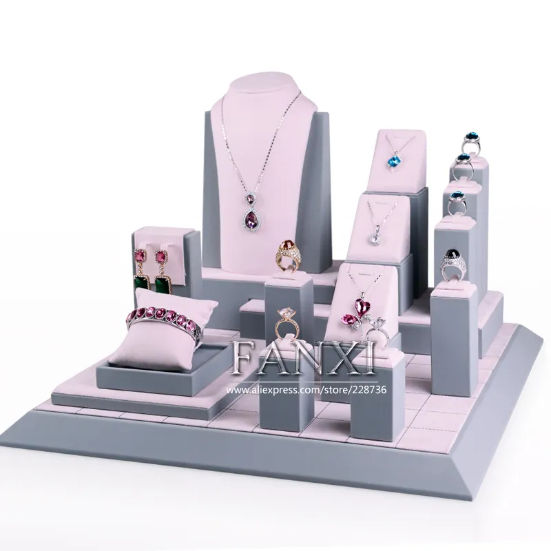 FANXI Custom Luxury Jewellery Organizer For Ring Earrings Necklace Bracelet Shop Counter Pink And Gray Suede Jewelry Display Kit