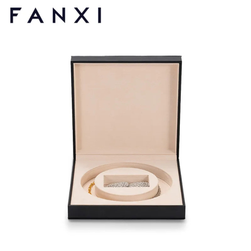 FANXI factory customize logo colour balck leather jewelry packaging box with suede inside
