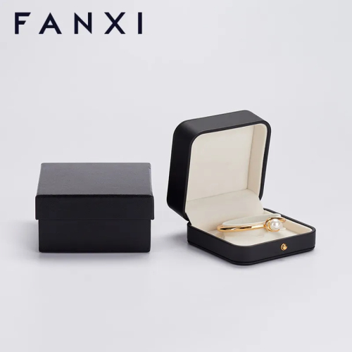 FANXI custom logo &amp; colour black leather jewelry packaging box with beige velvet inside
