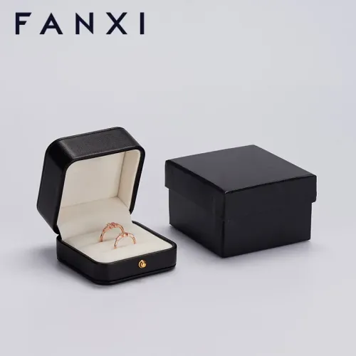 FANXI custom logo &amp; colour black leather jewelry packaging box with beige velvet inside