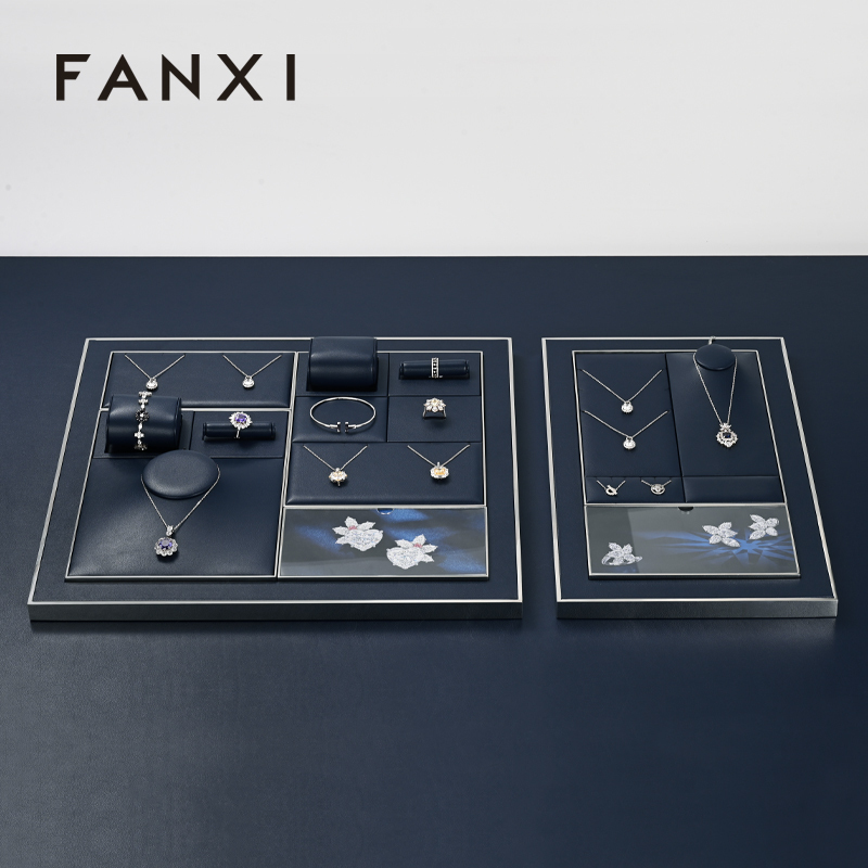FANXI high end Blue Leather metal jewelry display stand set