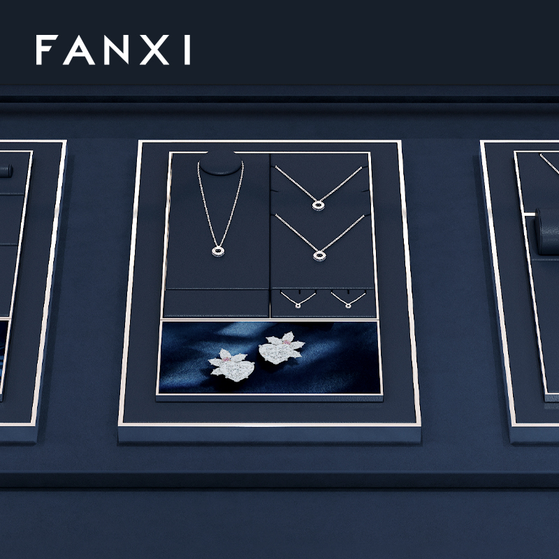 FANXI high end Blue Leather metal jewelry display stand set