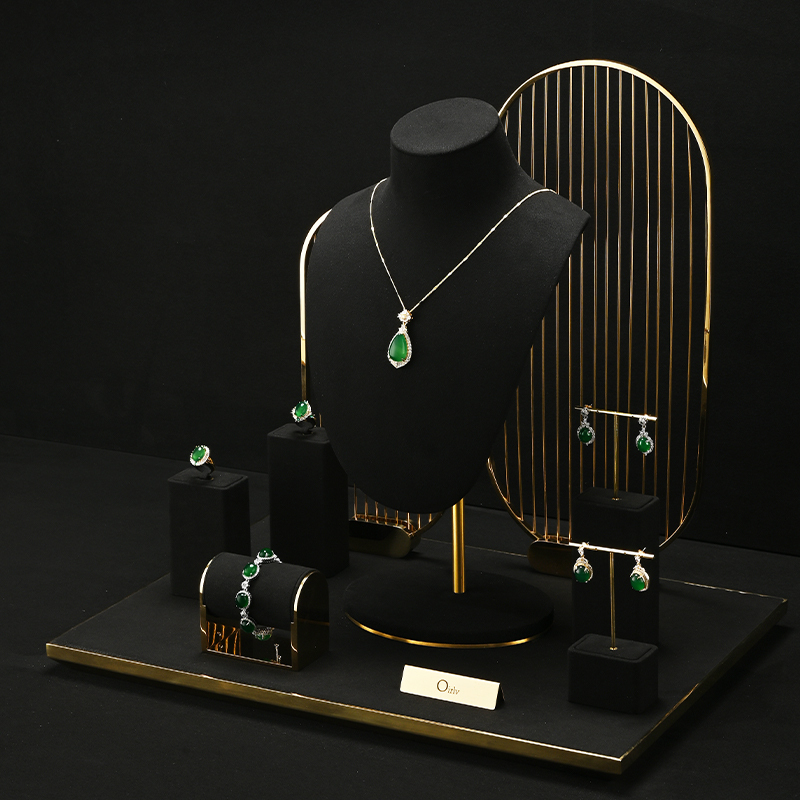 High-end metal frame jewelry display set with black microfiber