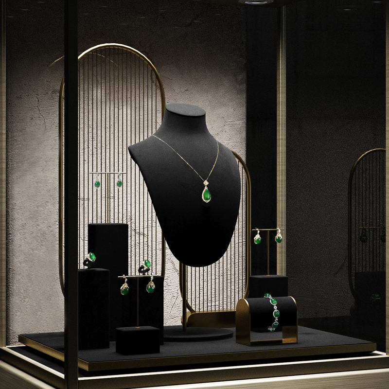 High-end metal frame jewelry display set with black microfiber