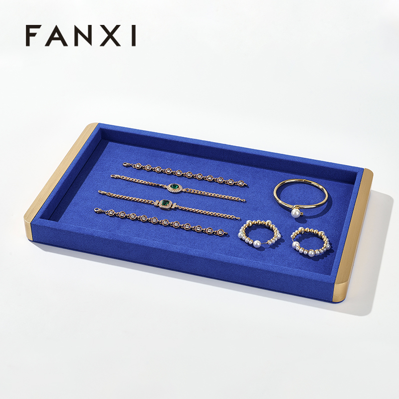 FANXI Custom blue wood microfiber jewelry tray