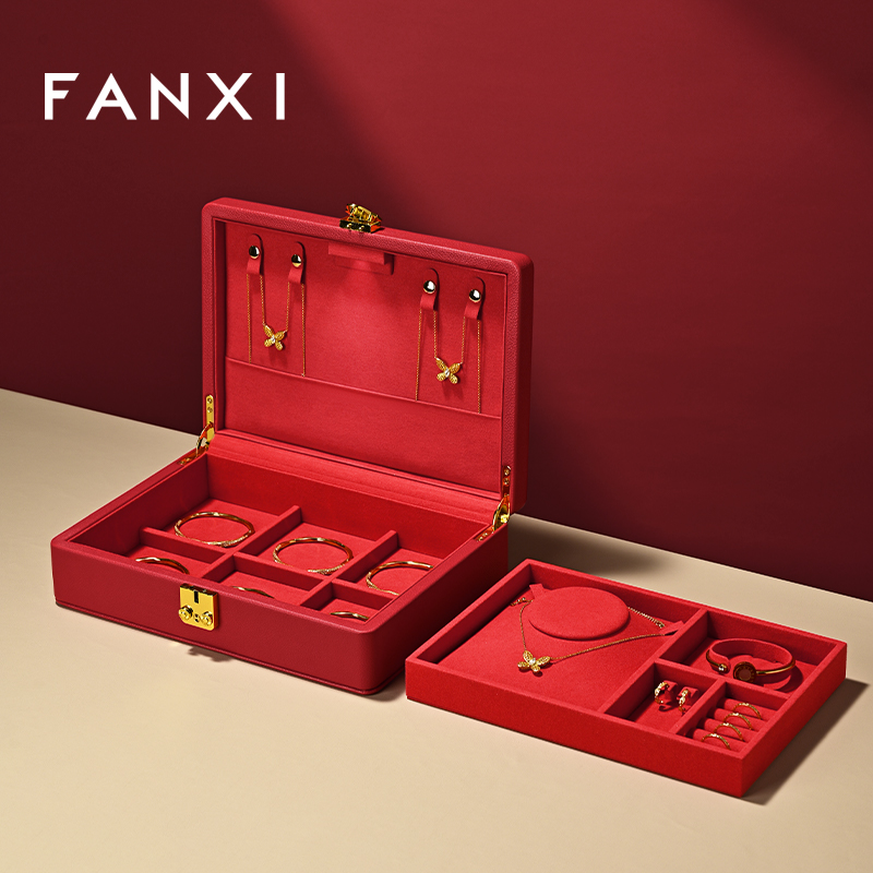 FANXI Fashion Red Faux Fur Leather Jewelry Box