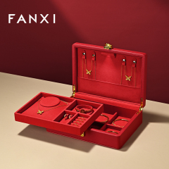 FANXI Fashion Red Faux Fur Leather Jewelry Box