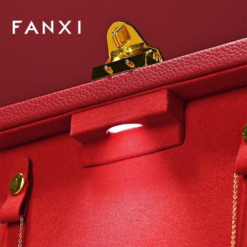 FANXI Fashion Red Faux Fur Leather Jewelry Box