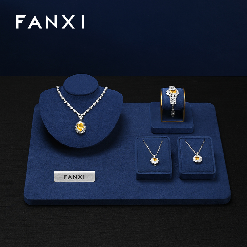 FANXI Luxury Blue Microfiber Metal Jewelry Combination Set