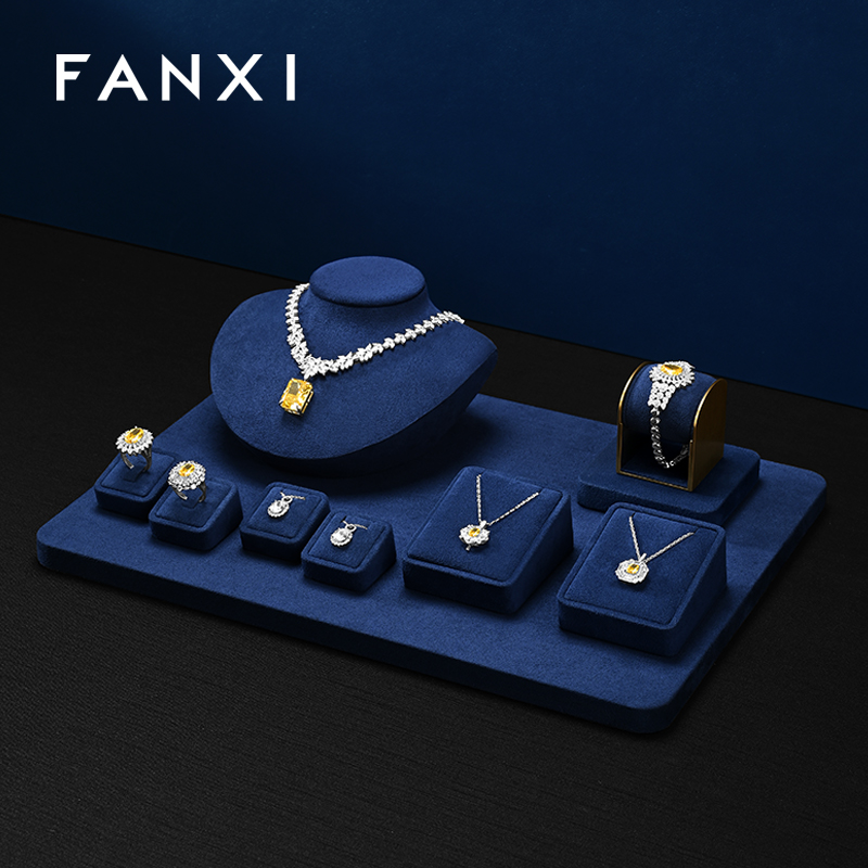 FANXI Luxury Blue Microfiber Metal Jewelry Combination Set