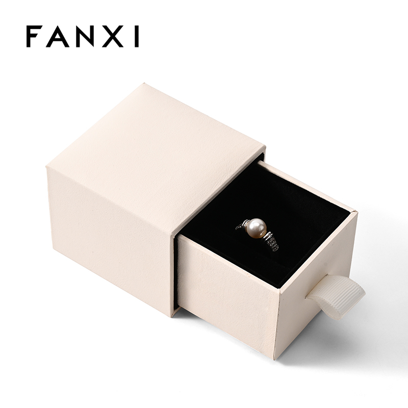 FANXI Custom Beige Leatherette Paper Velvet Ring Box