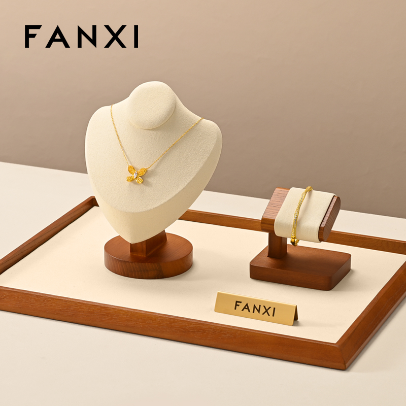 FANXI Fashion Beige Microfiber Wooden Jewelry Bust