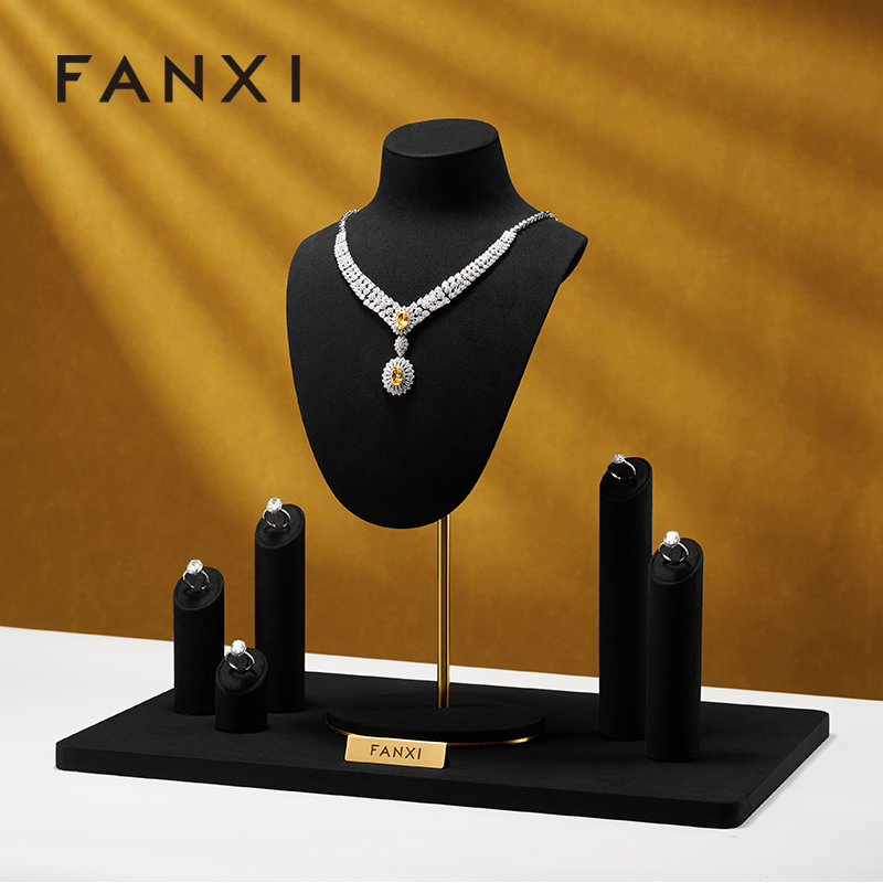 FANXI Luxury Black Metal Microfiber Jewelry Display Sets