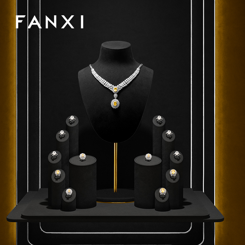 FANXI Luxury Black Metal Microfiber Jewelry Display Sets