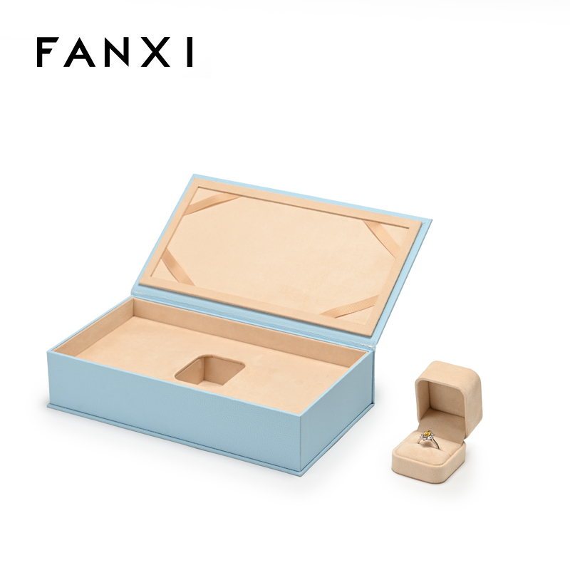 FANXI Custom Blue Beige Suede Ring Box
