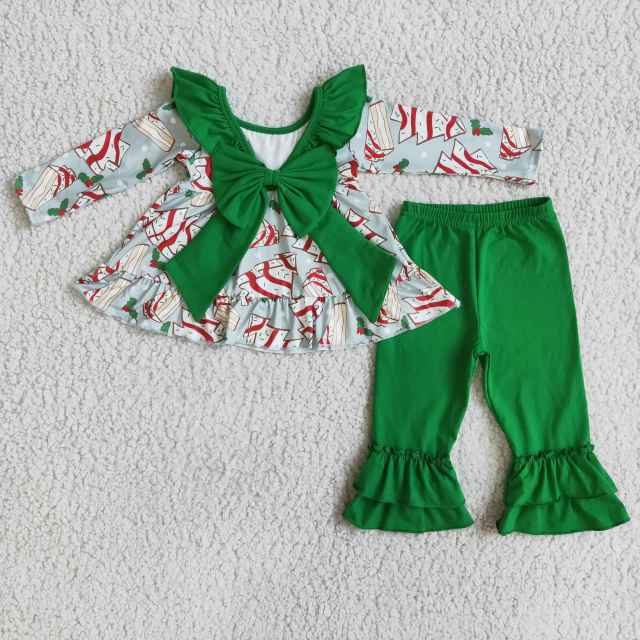 Baby Girls Green Bowknot Top Pants Christmas Cake Set