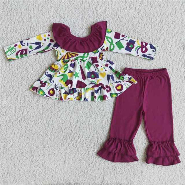 Baby girls mask bow top purple trousers suit