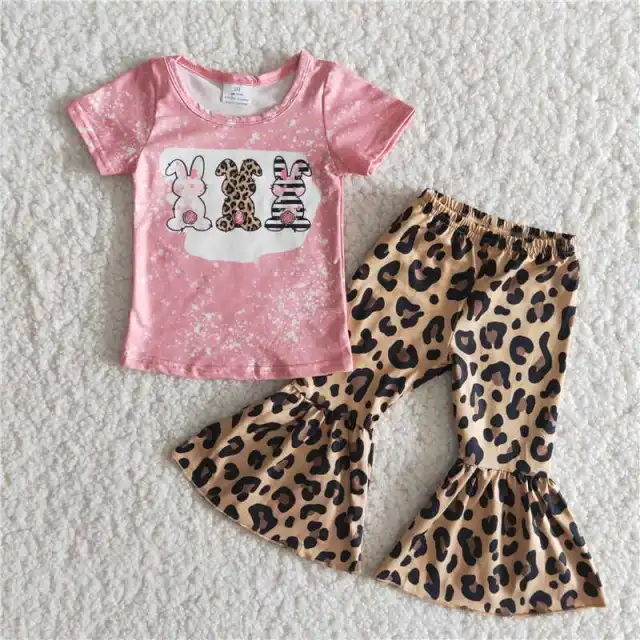 Rabbit short-sleeved leopard-print flared pants suit