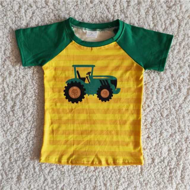 Striped Green Truck Yellow Raglan Short Sleeve Boy T-shirt