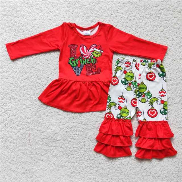 Baby girls red long-sleeved top delicate lace pants suit