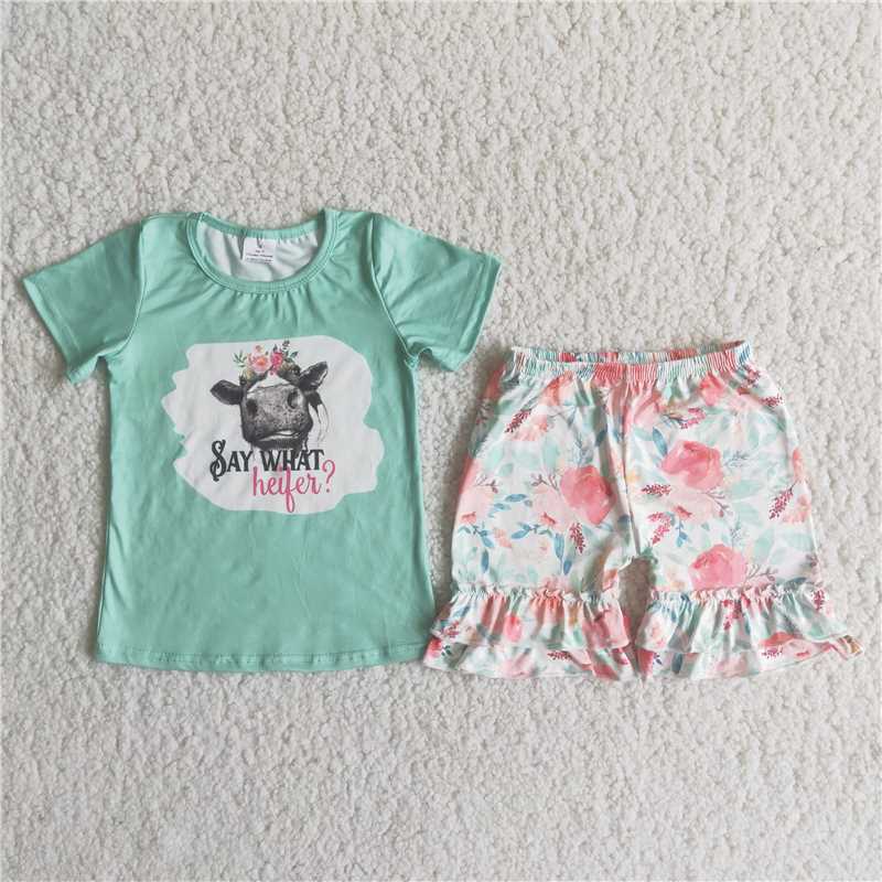 SAY WHAT Bull Head Green Short Sleeve Floral Shorts Set