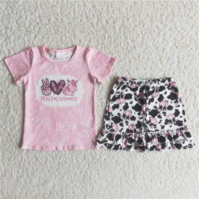 Pink short-sleeved cow spot shorts suit